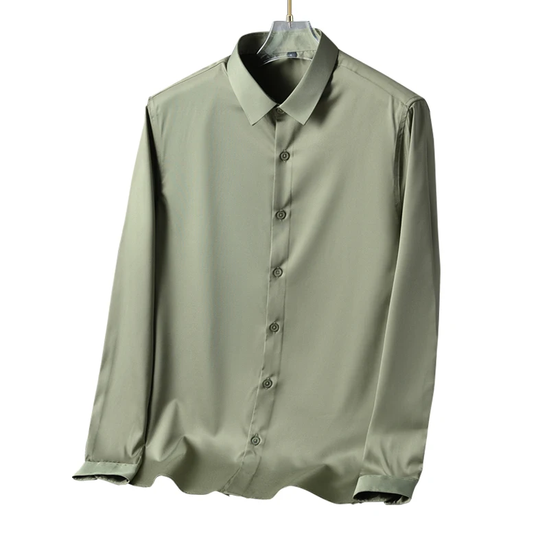 Dress Shirts Men Long Sleeve Slim Fit Luxury Smooth Soft Anti-wrinkle Non-ironing Solid Color Ice Silk Shirts 6XL