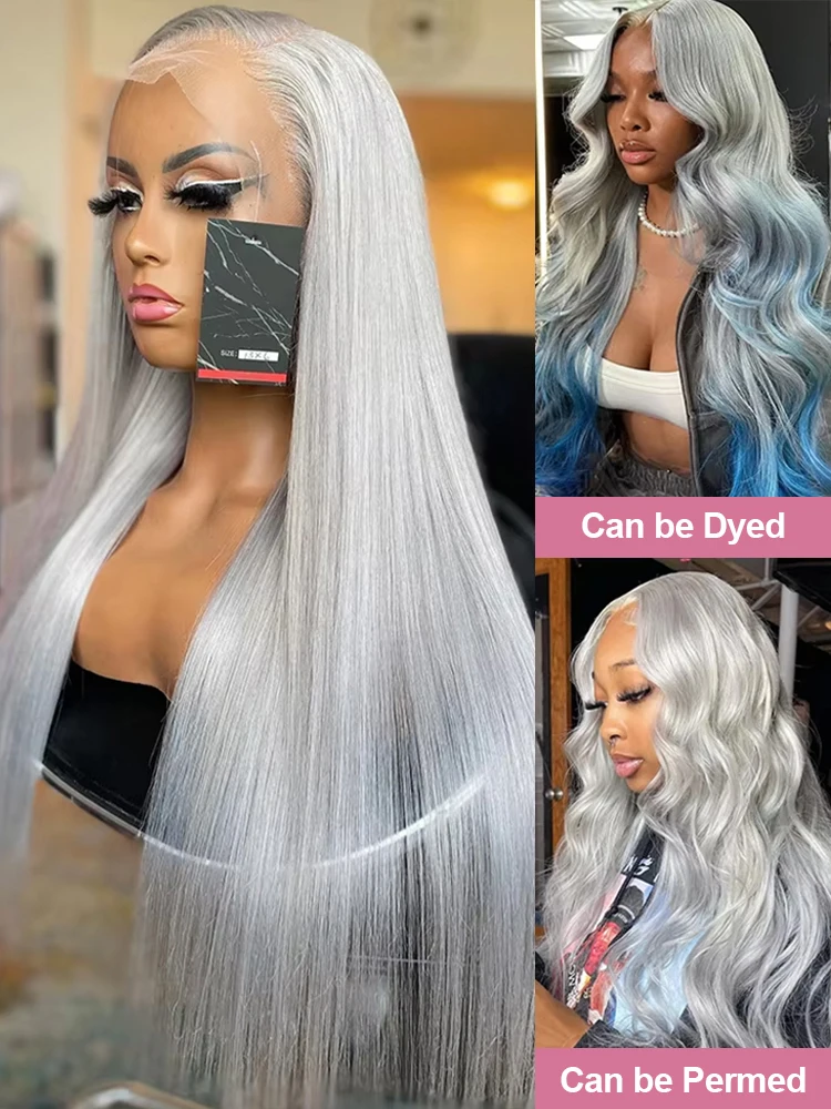 40 42 Inch Silver Grey Colored Bone Straight Lace Front Human Hair Wigs Silky Hair HD Transparent 13x6 13x4 Lace Frontal Wigs For Women Brazilian Real Virgin Hair Wigs Pre Plucked 250% Density High Quality 3