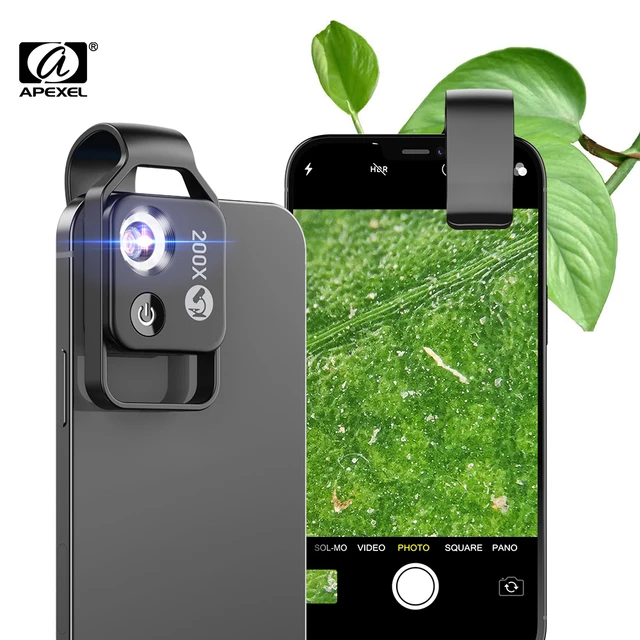 Apexel 200 Magnification Mobile Phone Mini Microscope Lens Clip-on With LED  CPL