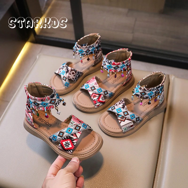 

Ethnic Jacquard Cross Strap Sandals Girls Colorful Beads Fringe High Top Sandalias Kids Summer Thick Sole Flat Beach Shoes