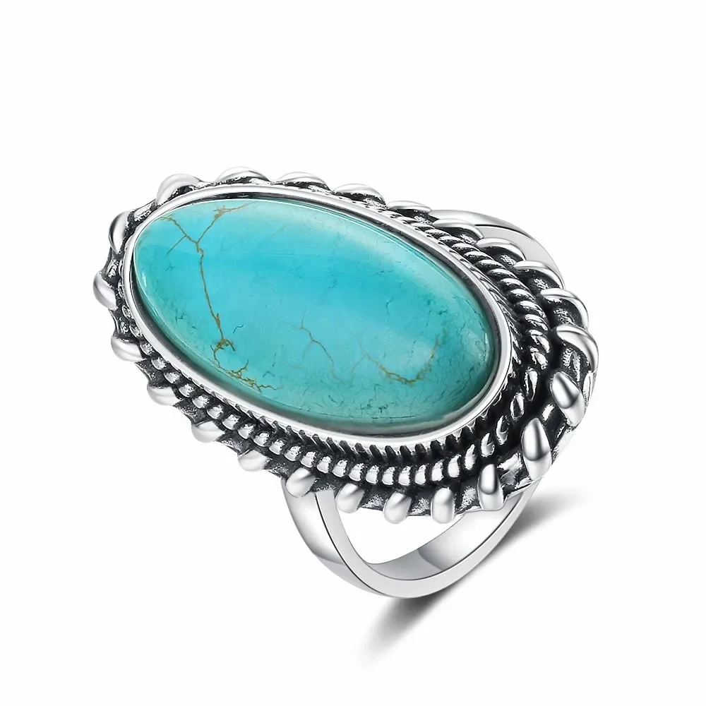 Big Stone 11*25mm Natural Turquoise Ring for Women Sterling Silver 925 Rings Retro Design Fine Jewelry Gifts Luxury Finger Ring