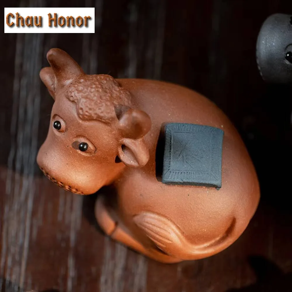 Yixing Purple Clay Tea Pet Chinese Five Blessed Ox Statue Ornaments Handmade Sculpture Figurine Crafts Zisha Tea Set Decoration