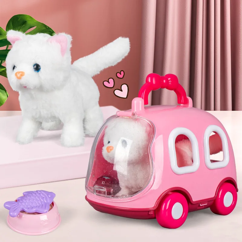 Children Play House Toys Simulation Electric Cute Kitten Handheld Cage Plush Rabbit Toys Will Bark and Jump Pet Animal