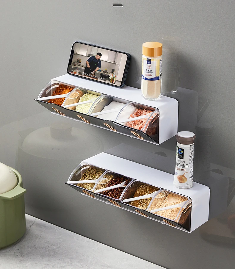 Wall Mounted Spice Container Stackable Drawer 4 Condiment Box Salt Pepper Storage Hodler Kitchen Organizer With Hooks