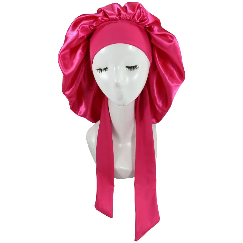 Bonnet Sleep Cap Women Satin Solid Sleeping Hat Silky Bonnets With Tie Bands Elastic Shower Cap  For Curly Hair Bonnets Nightcap 5
