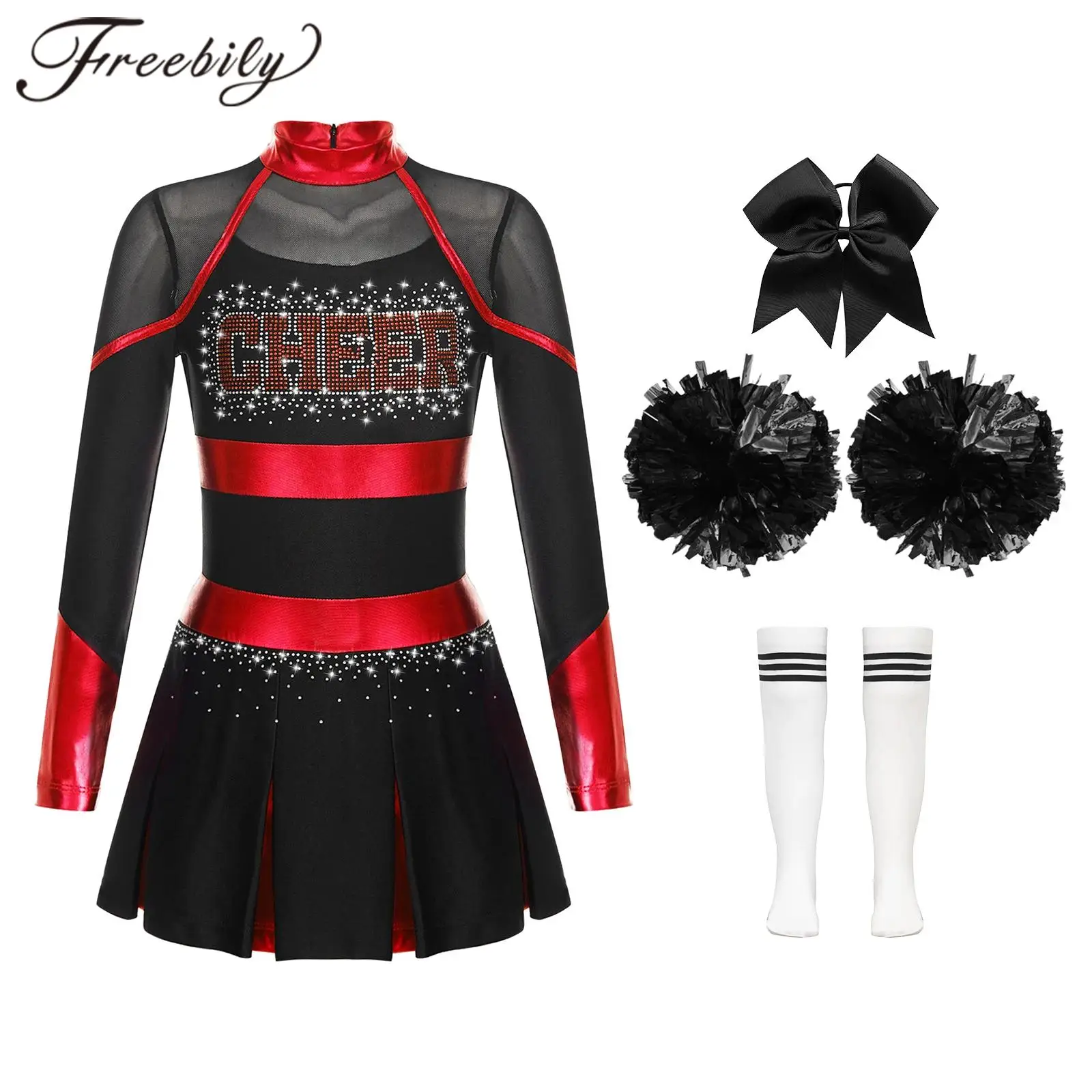 Kids Girls Cheerleading Uniforms Cheer Dance Outfit Cheerleader Costume Children Glittery Rhinestones School Cheerlead Uniforms