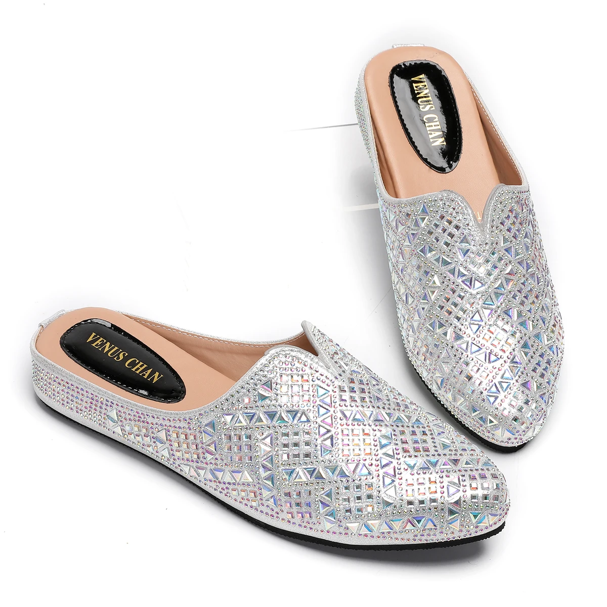 2025 Latest Design Nigeria Silver Color Half Shoes Elegant Flat Shoes for Woman Fashion Comfortable Party Slippers — view 3