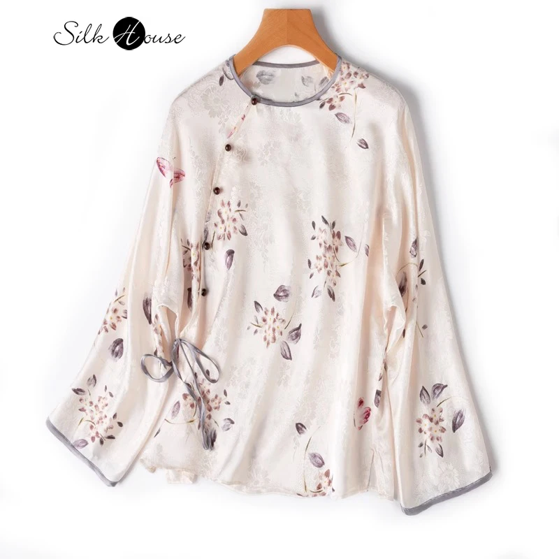 

Light Ancient Style "Jiangnan Spring Diary" Soft 100%Natural Mulberry Silk HuaLuo Jacquard Satin Round Neck Raglan Sleeve Shirt