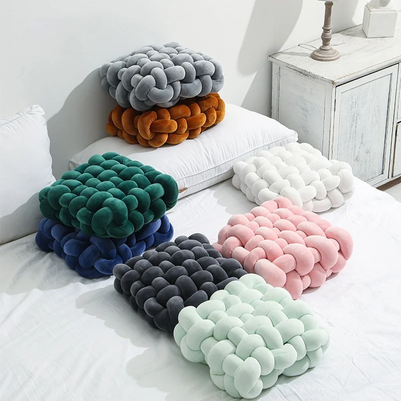 

Living Room Soft Plush Knot Cushion Sofa Pillow Solid Color Square Hand-Woven Home Throw Pillow Square Woven Seat Cushion Cushio