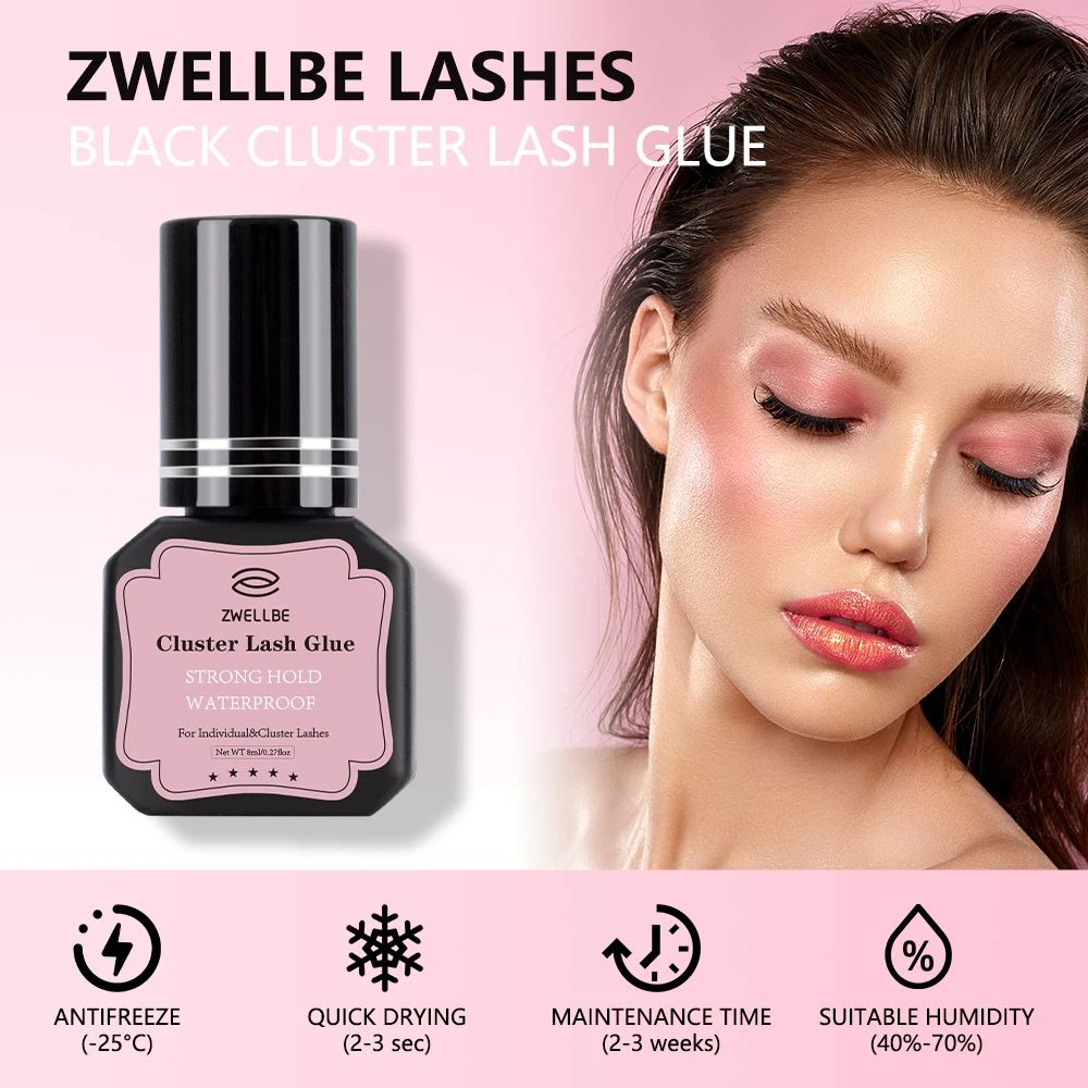 ZWELLBE Lash Clusters Glue 8ml Black Eyelash Glue for DIY Lash Extensions Long-Lasting Waterproof&No Irritation Makeup Tool 3