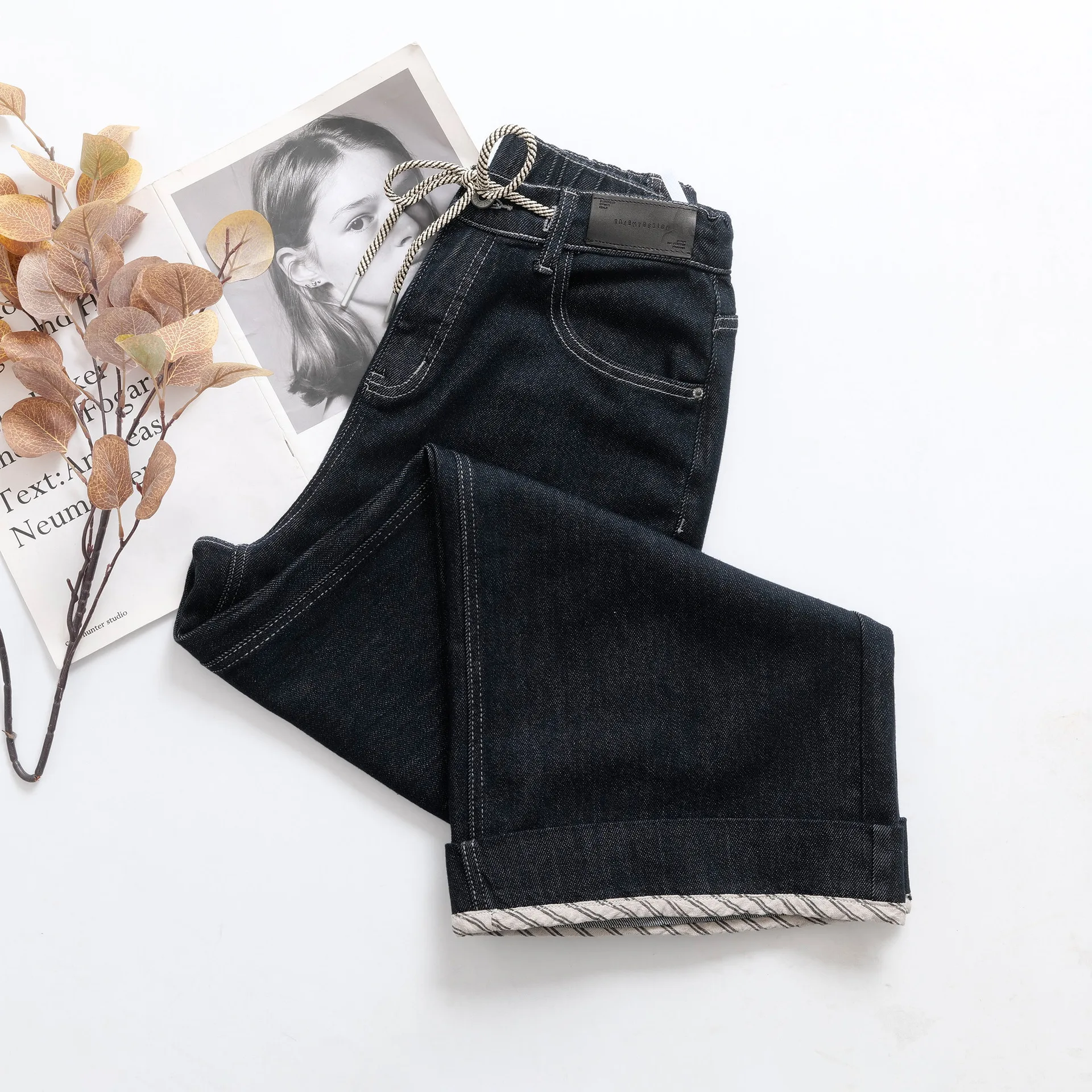 Fashion Plus Size Women's Wide Leg Jeans Autumn New Style Simple Drawstring Waist Premium Stretch Denim Full Length Pants 5353