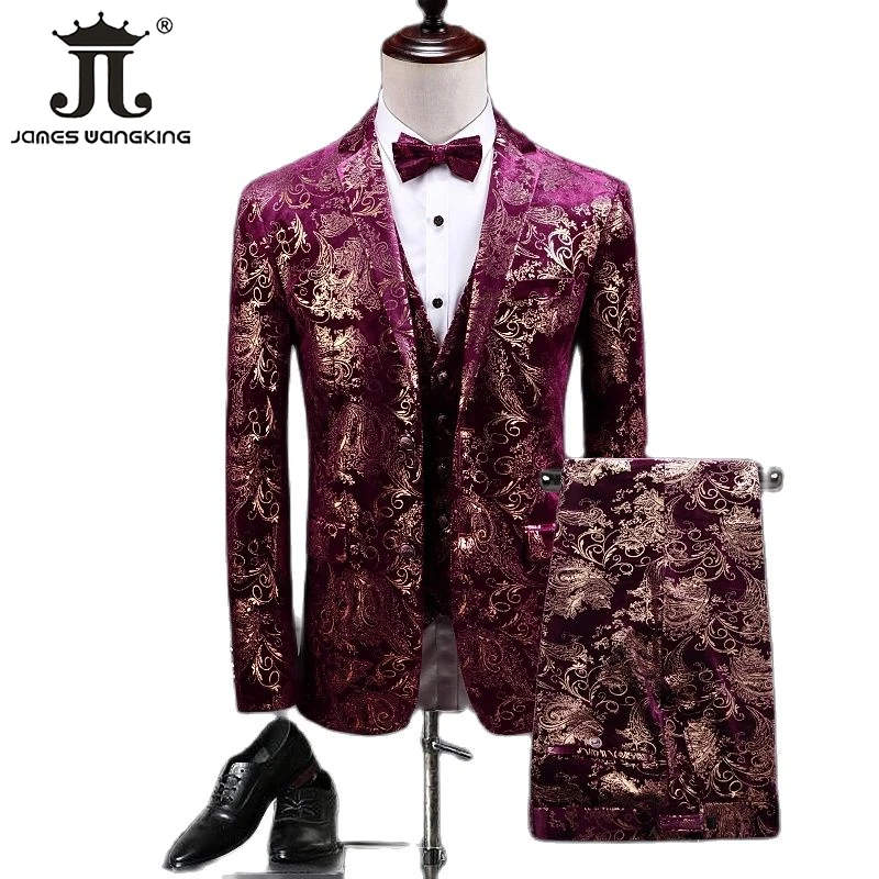 

( Jacket + Vest + Pants ) Boutique Velveteen Gold Printing Luxury Business Wedding Dress Stage Performance Mens Suit 3Pcs Set