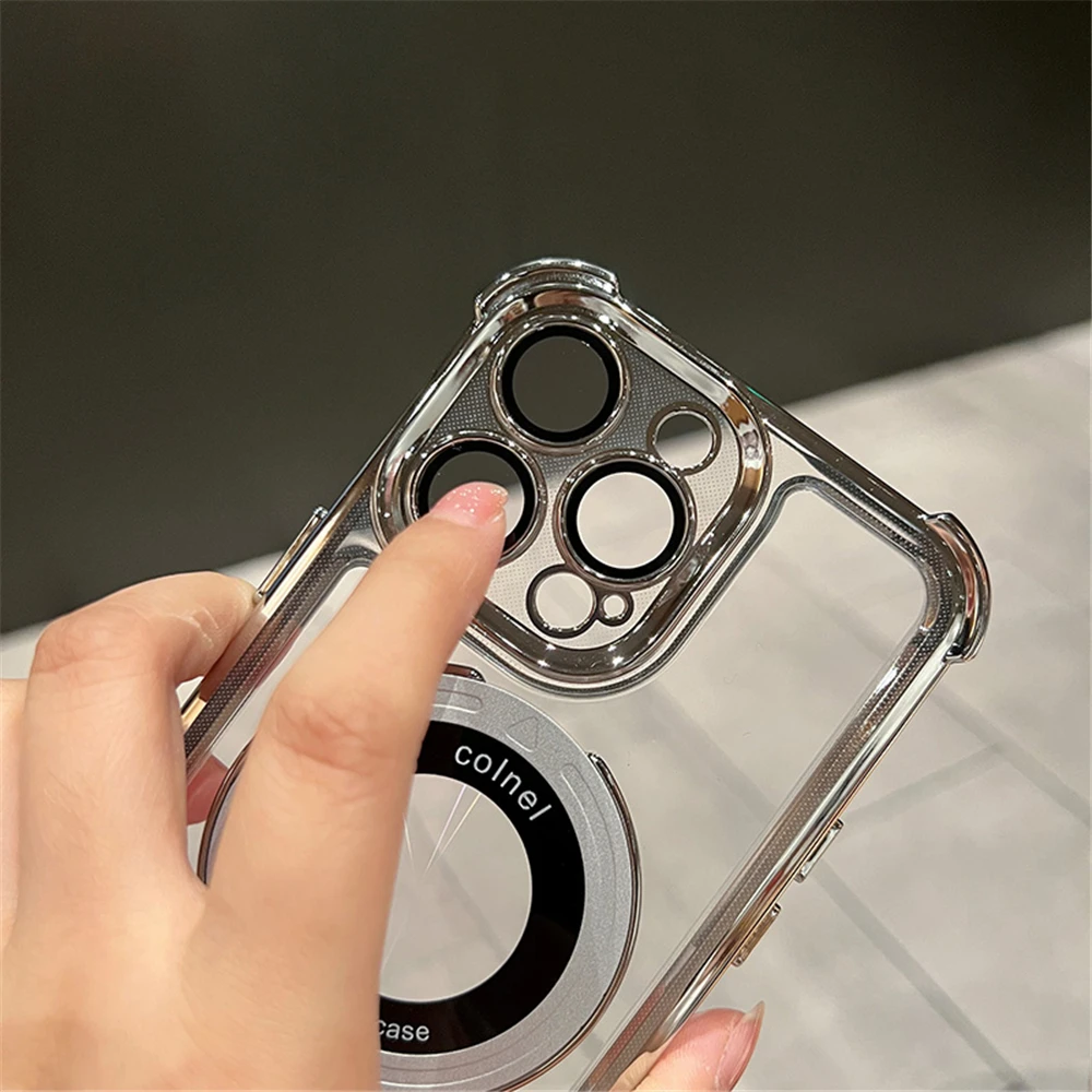 For Magsafe Wireless Charging Case For iPhone 17 Pro Max Air 14 15 Plus 13 12 16 Pro Transparent Plating Ring Holder Phone Cover 4