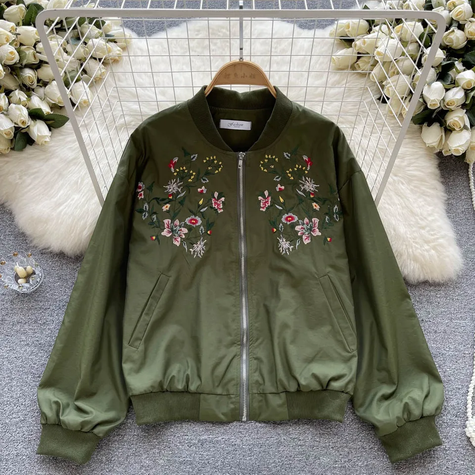 Green flowers embroidery light jacket - Wapas
