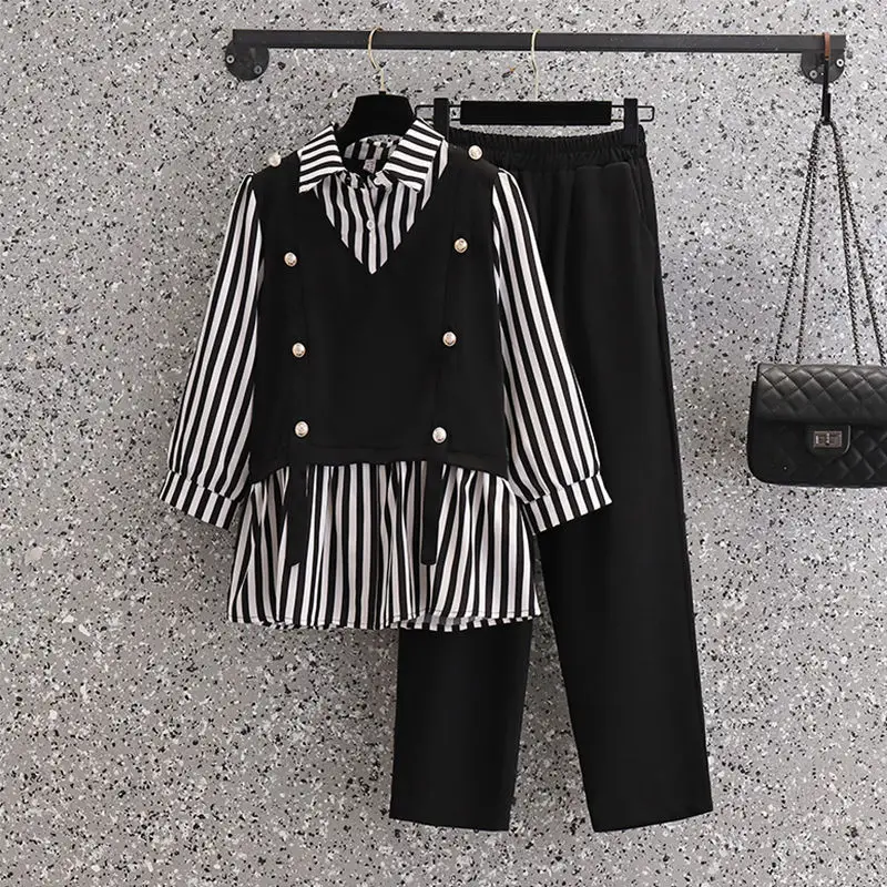Button Decoration Striped Patchwork Chiffon Shirt Casual Wide Leg Pants Two-piece Elegant Women's Pants Set Office Outfits
