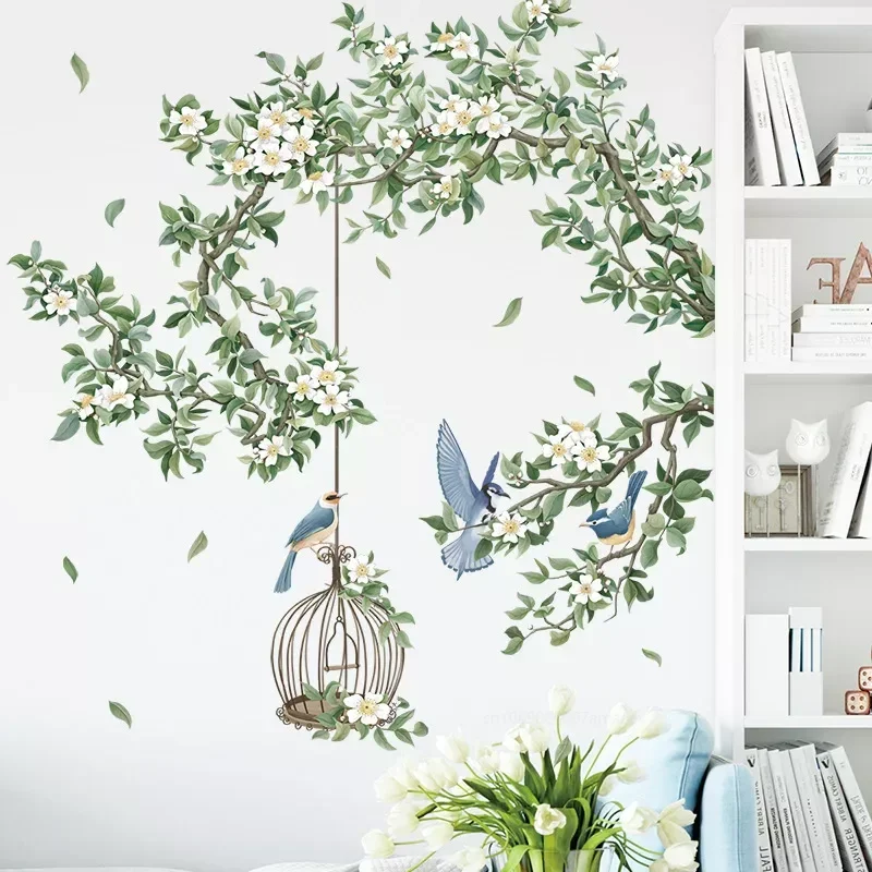 Colorful Flower Birdcage Flying Birds Wall Sticker Home Decor Living Room Bedroom Nursery Window