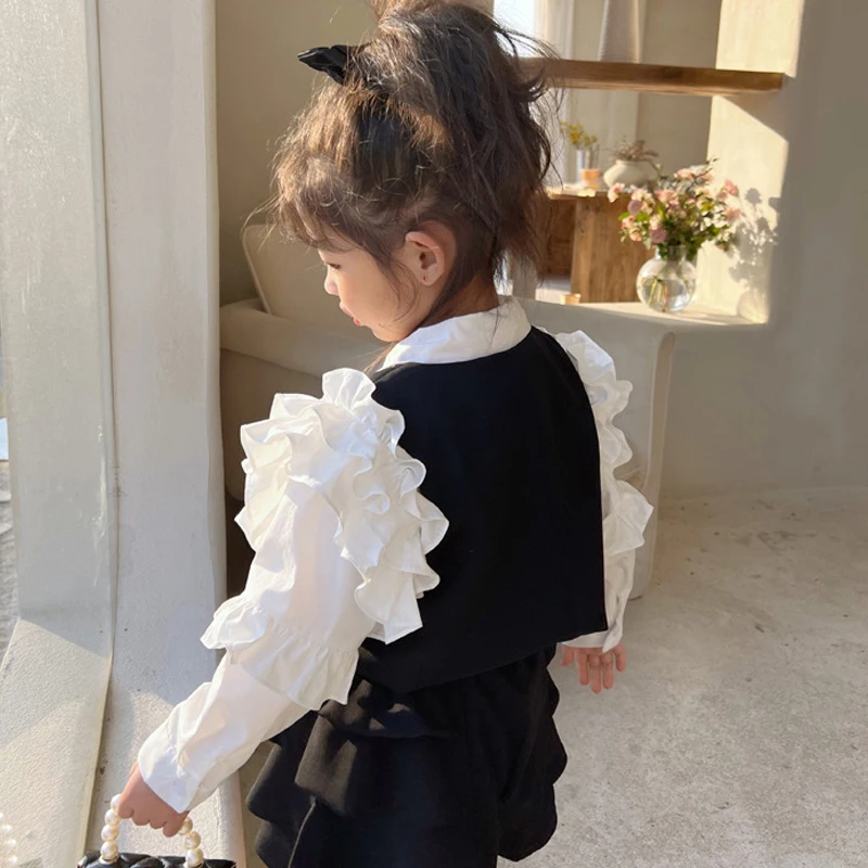 

Spring Autumn Girls Blouse Baby White Shirt Kids Tops Children Clothes Fashion Ins Ruched Lace Patch Cotton 1-7Y