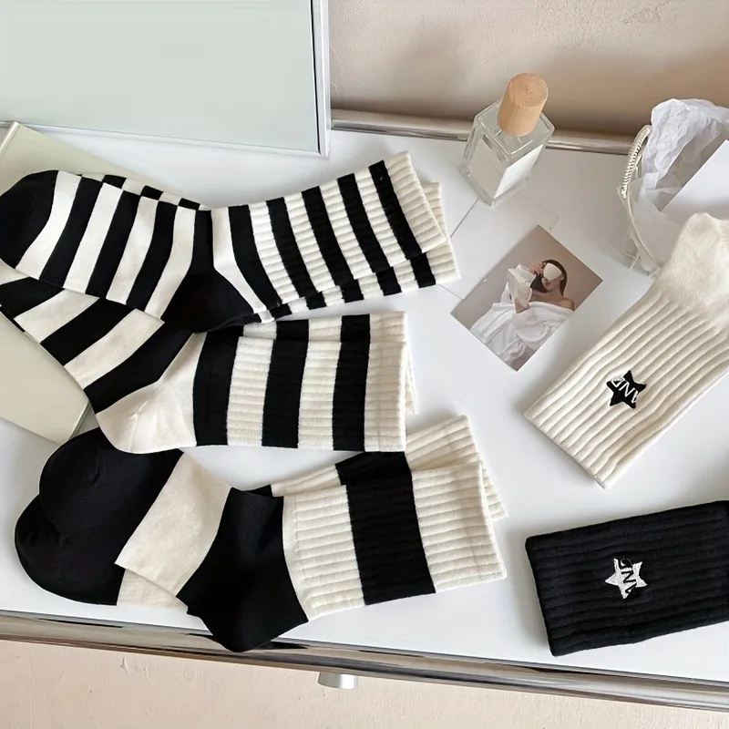 12-10-6-5-4-3-1 Pairs Striped Socks Women's Comfortable Patriotic Mid Calf Cotton Blend Breathable Chic Knit Stripe/Star Pattern