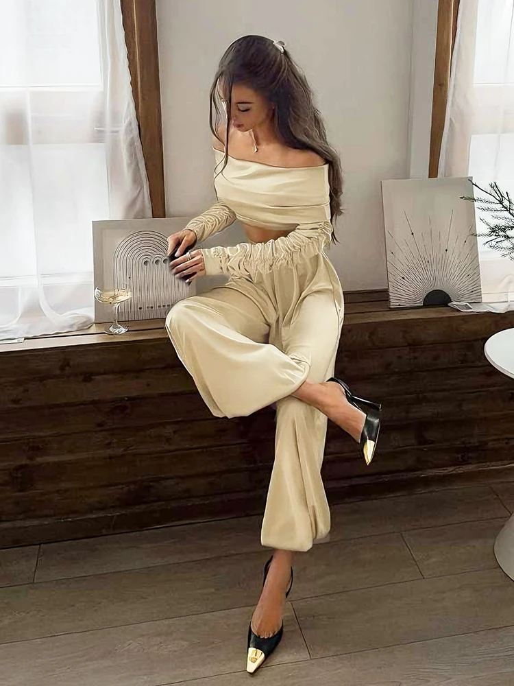 Nibber Fashion 2-Piece Set Women Slash Neck Folds Full Sleeve Crop Tops+Elastic Waist Pants Casual Solid Commute Elegant Suits