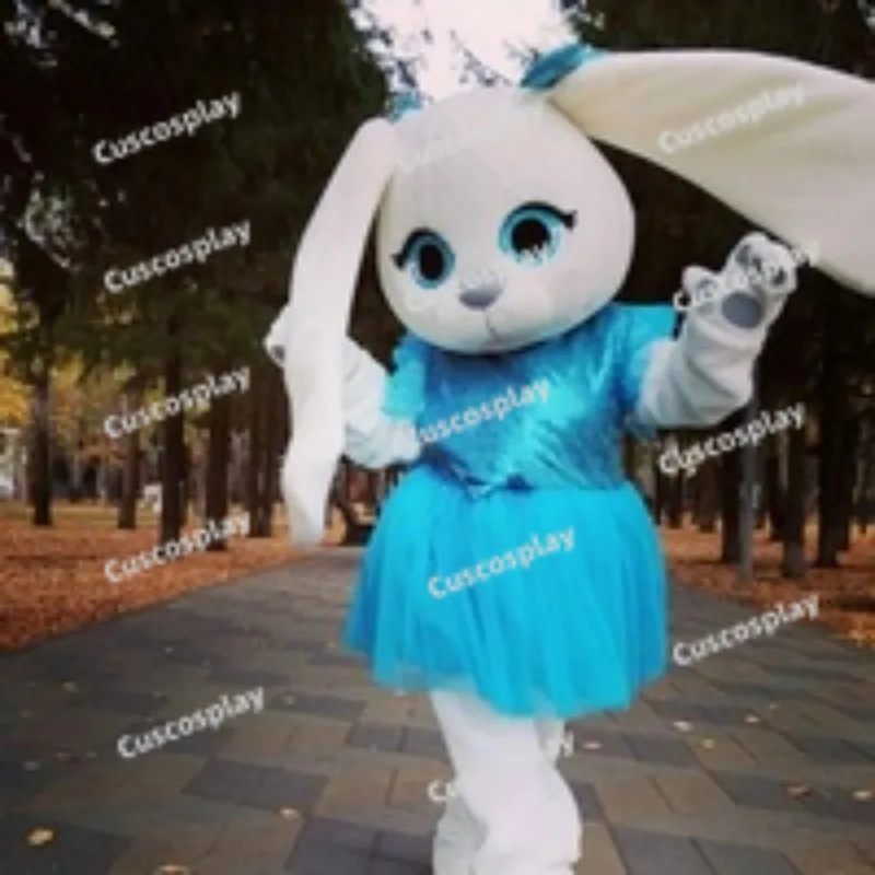 

Cute Grey Hare Rabbit Mascotte Fancy Cartoon Mascot Costume Plush Fancy BLUE Dress Mascot Costume