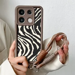Zebra Stripes Phone Case with Wrist Chain and Lanyard Strap for Xiaomi Poco f6 (J23-Coffee-SS)