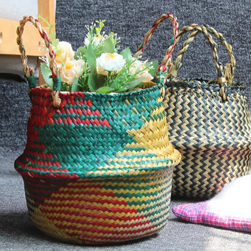 Folding Straw Wicker Storage Basket Rattan Seagrass Plant Flower Pots Handle Garden Planter Laundry Bag Toy Sundries Organizer 4