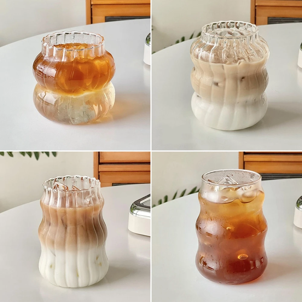 Tasse en Verre Ondulée de 500 ml avec Couvercle et Paille en Bambou