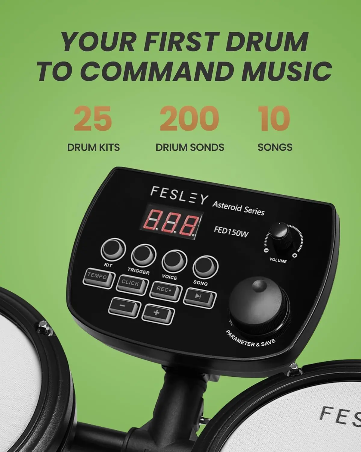 Fesley FED150W Electric Drum Set Electronic Drum Set with 4 Quiet Mesh Pads Dual Zone Snare Drum Portable Set
