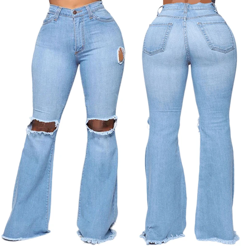 

Ripped Bell Bottom Women Jeans High Waist Loose Denim Pants Causal Hole Full Length Boyfriend Pants New Mom Female Flared Jeans