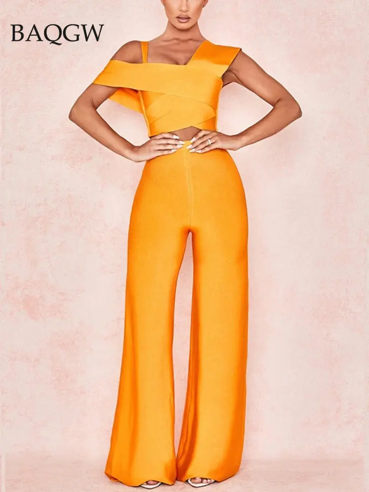 

High Quality Two Piece Sets Rompers Womens Jumpsuit Sexy One Shoulder Crop Top Bodycon Bandage Elegant Pants Sets for Women
