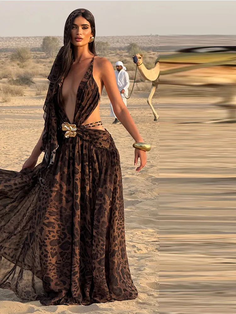 Choies Women's Leopard Print Maxi Dress - V-Neck, Tie Waist, Side Split, Chiffon Material, Available In Asian Sizes L & XL - View #11