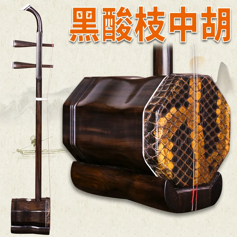 Black Redwood ZhongHu Octagonal Erhu Chinese Two Strings Violin with Case Bowl and Spare Strings Musical Instrument