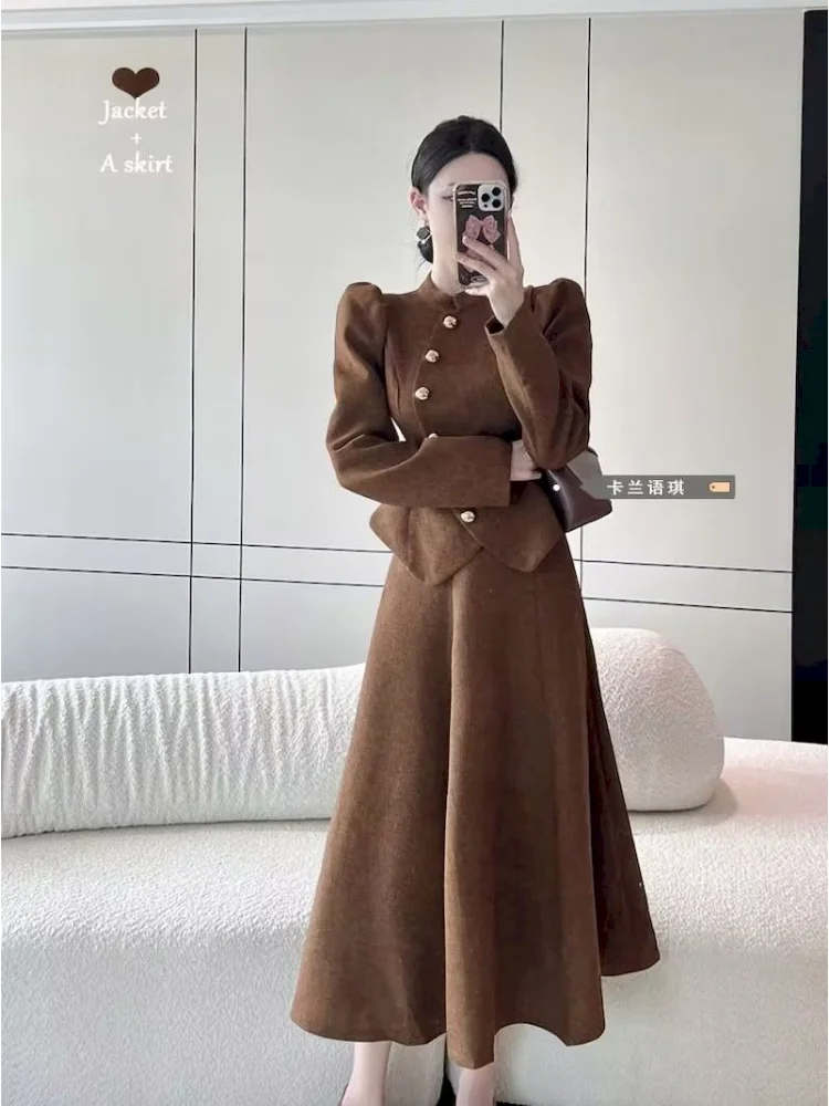 

UNXX 2023 Autumn/Winter Skirt Set Women's Korean Edition Standing Neck Bubble Sleeve Blazer+High Waist Slim Skirt Two Piece Set