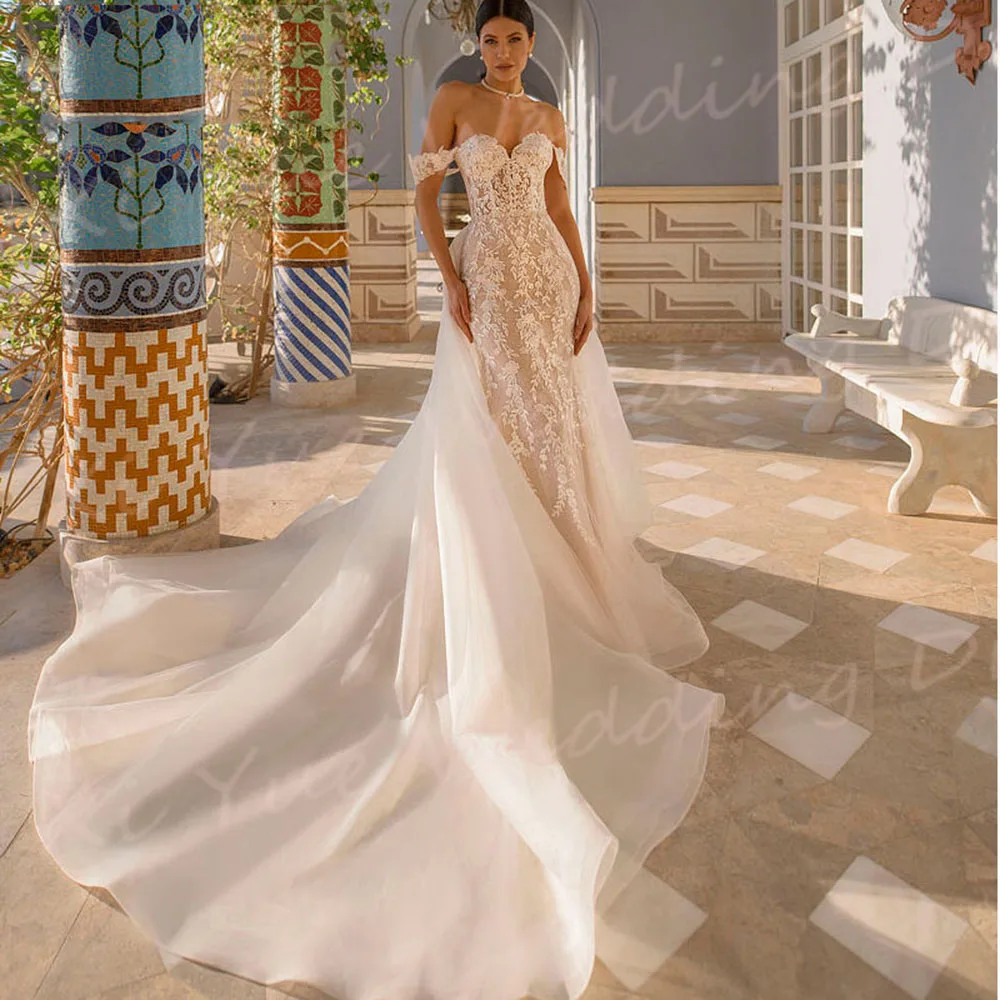 Wedding Dresses Modern Sweetheart Mermaid Lace Appliques Backless Off The Shoulder Bride Gowns Detachable Train