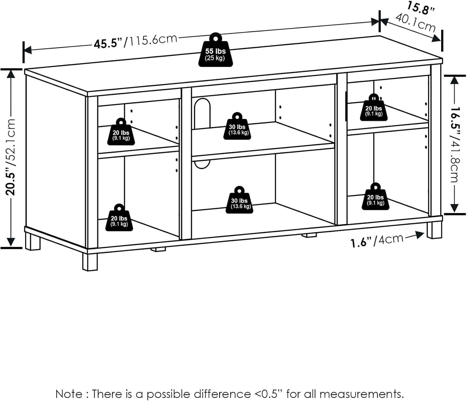 Classic TV Stand with Shelves for TV up to 55 Inch, Americano