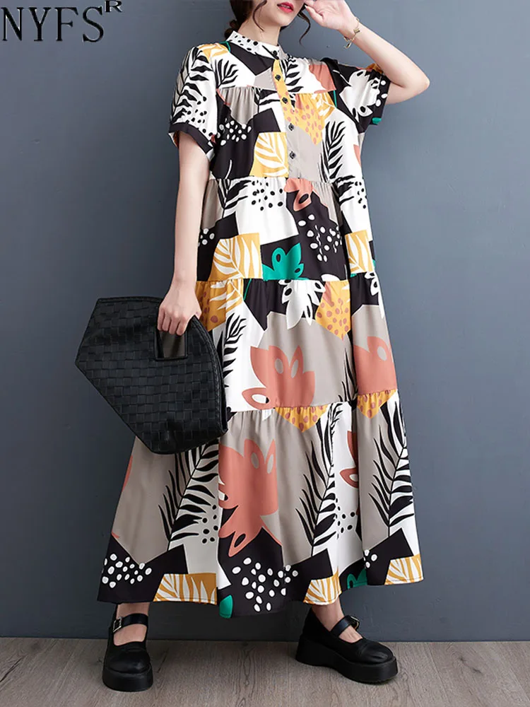 

NYFS 2023 Summer New Korea Print Woman Dress Vestidos Robe Elbise Loose Plus Size Short Sleeve Fashion Long Dresses