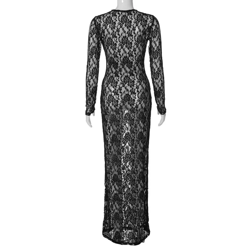 Lace See-Through Printed Long Dress Female Hollow Out Slim High Waist Solid Dress Sexy Club Clothes Ladies Maxi Dress 2025