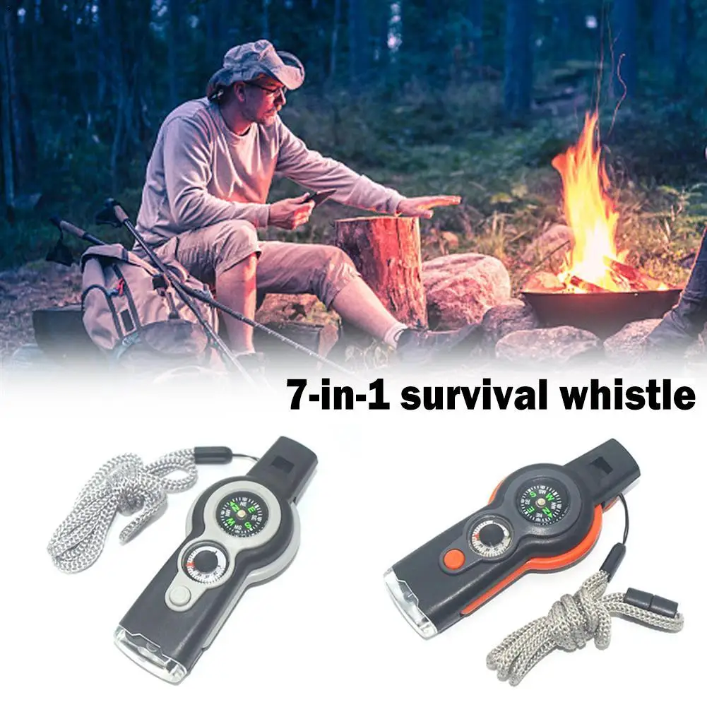 

7 In 1 Multi-function Outdoor Whistle Army Green High Decibel Life-saving Thermometer Compass Signal Mirror White LED Flashlig