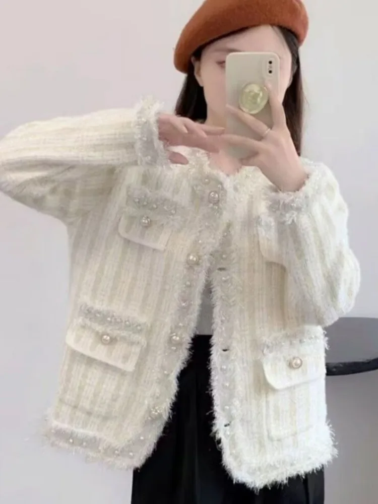

Women Kawaii Clothing Autumn Jacket Sweater Knit Cardigan French Chiffon Jacket Long Sleeve Loose Tassel Raw Edge O-neck Coat