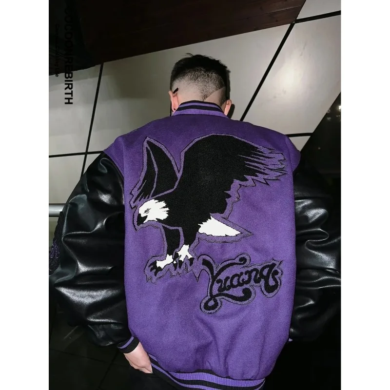 

Heavy Industry Varsity Jacket Men Women Eagle Embroidery Hip Hop Loose Patchwork Coat Unisex Street Baseball Outwear Autumn