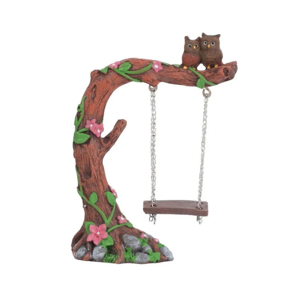 Creative Cute Garden Owl Swing Statue Resin Crafts Funny Mini Swing Figurine Handmade Owl Stump Ornament Courtyards