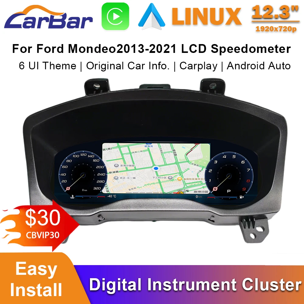 Panel de Instrumentos Digital LCD Carbar para Ford Mondeo 2013-2021, Velocímetro, CarPlay/Android Auto Inalámbrico 1