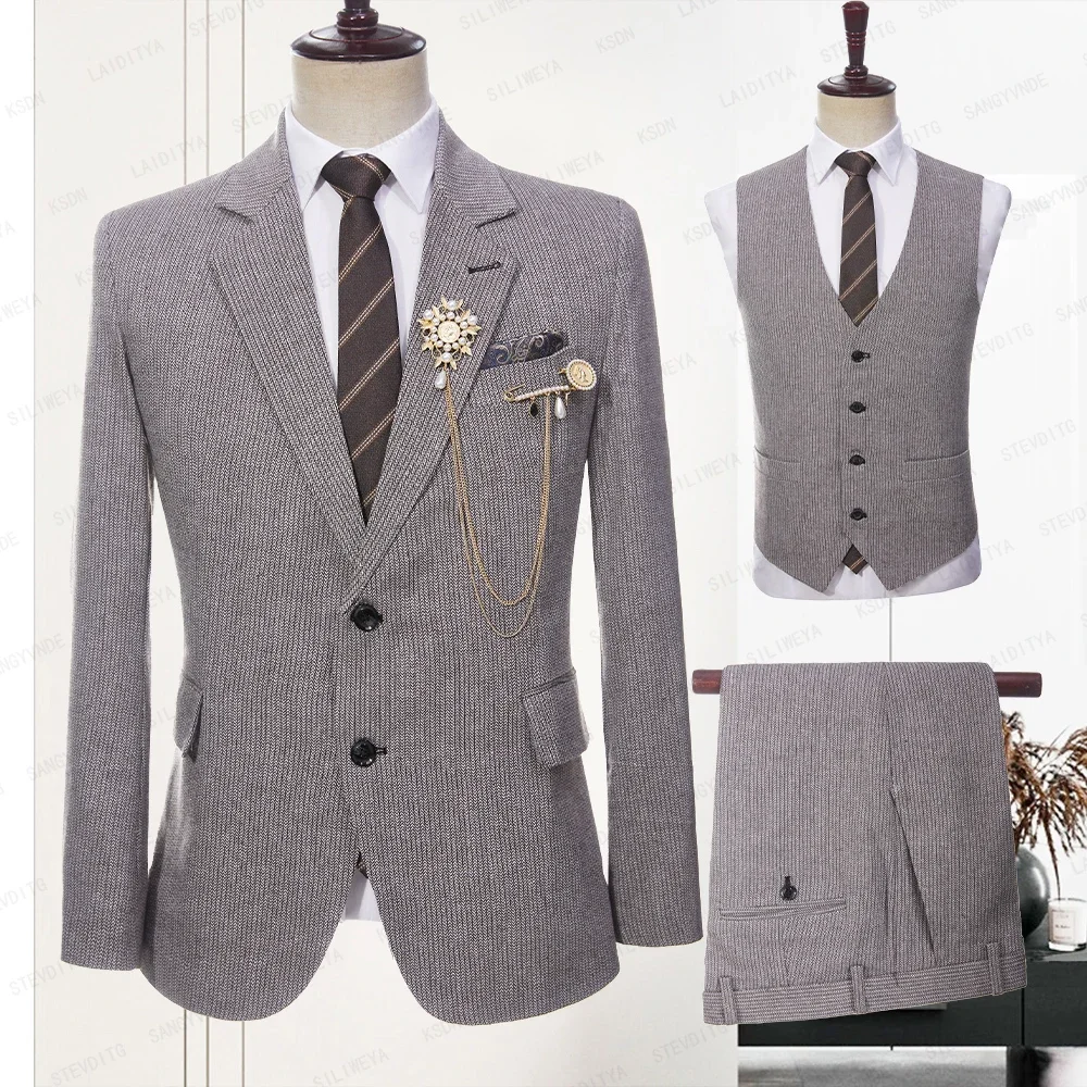 

Fashion High Quality Herringbone Men Suits 3 Piece Business Causal Outfits Groom Wedding Tuxedo Slim Fit Custom Made Male Suit