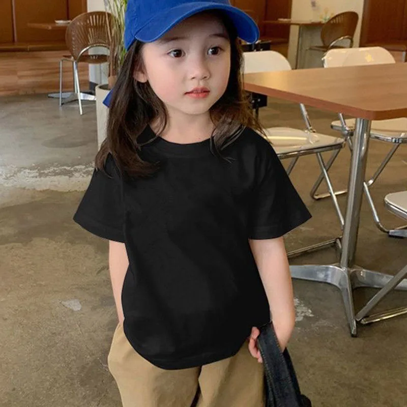 100% Cotton 180gsm Fabric Children Boy Girl T shirt 2025 New Summer Women Short Sleeve T-Shirt Cute Style White Solid Color Tops 4