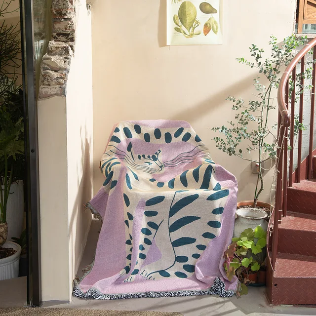Textile City Ins Pink Girl Cat Pattern Throw Blanket Home Decorate Tapestry Sofa Cover Outdoor Camping Picnic Mat 130x160cm 2