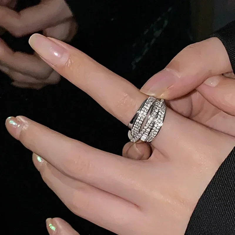 Korea Fashion Jewelry Silver Color Zircon Ring Elegant Women's Opening Adjustable Wedding Gift Luxury Accessory wedding rings finger rings zircon rings couple rings crystal rings