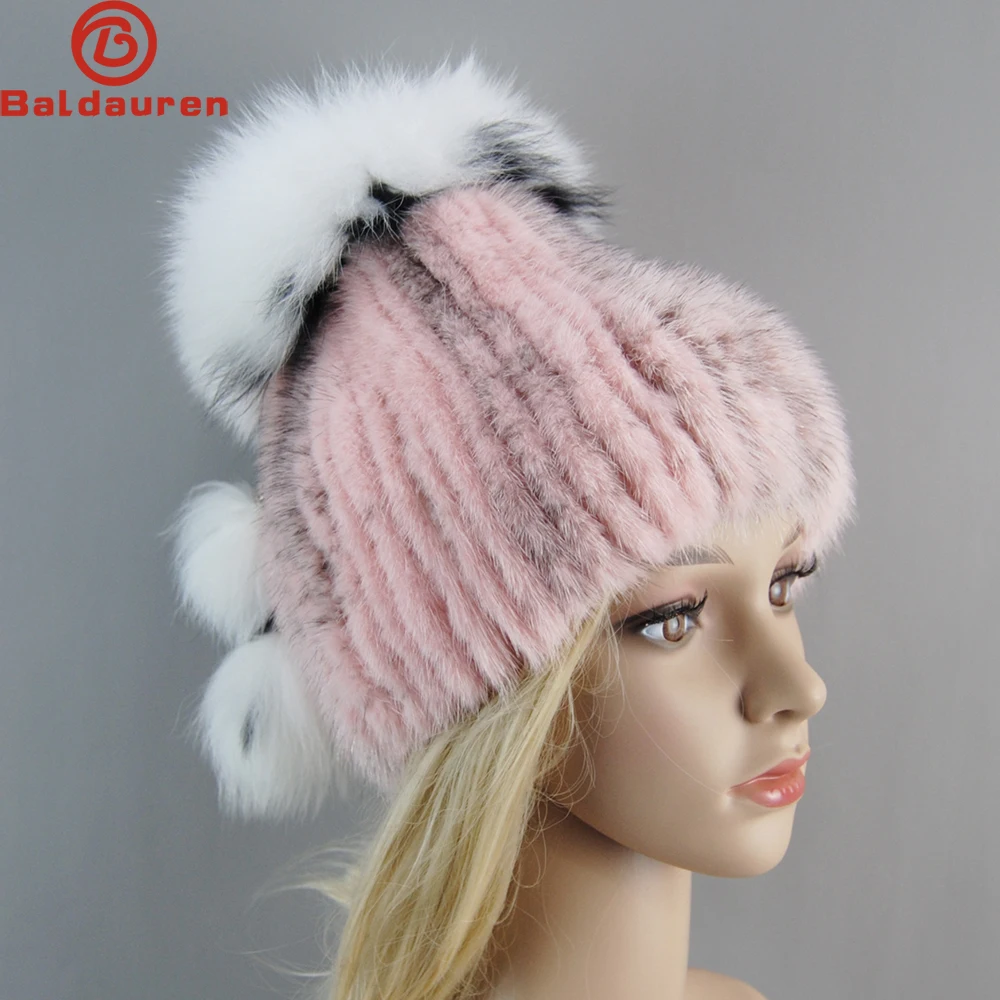 

Luxury Woman Autumn Winter Mink Knit Bomber Hat Thick Female Fluffy Pompom Outdoor Warm Windproof Earflap Trapper Snow Ski Caps