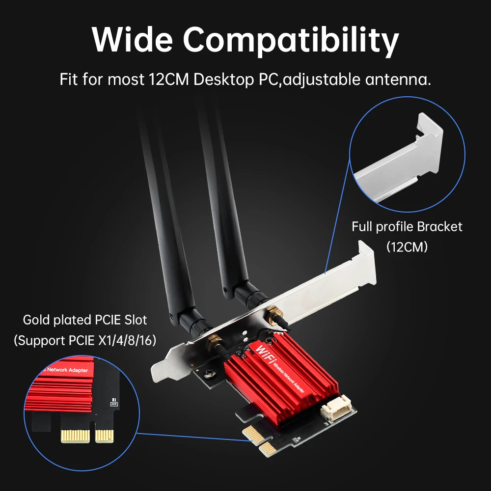 RTL8822CE BT5.1 1200Mbps AC1200 PCIE WiFi 어댑터 듀얼 밴드 2.4G/5GHz 무선 네트워크 카드 데스크탑 PC용 (윈도우10/11 호환)
