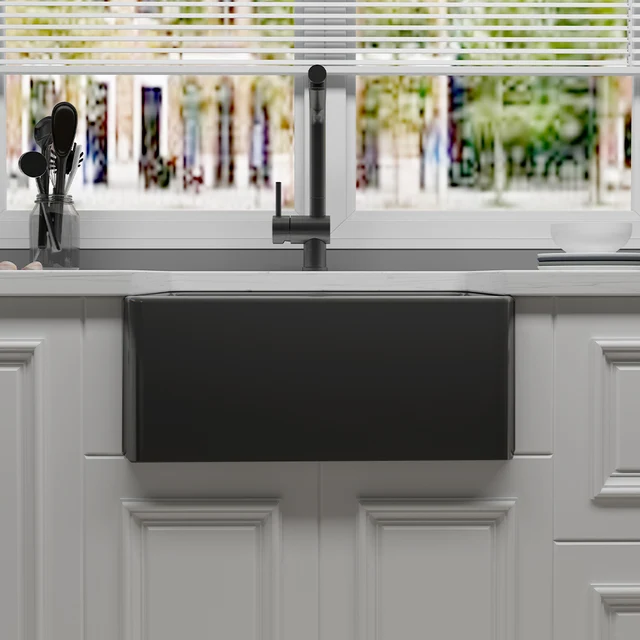 24 นิ้วโมเดิร์นสีดําอ่างล้างจานเซรามิคห้องน้ําชามเดียว Fireclay Undermount Farmhouse อ่างล้างหน้าอ่างล้างหน้า 3