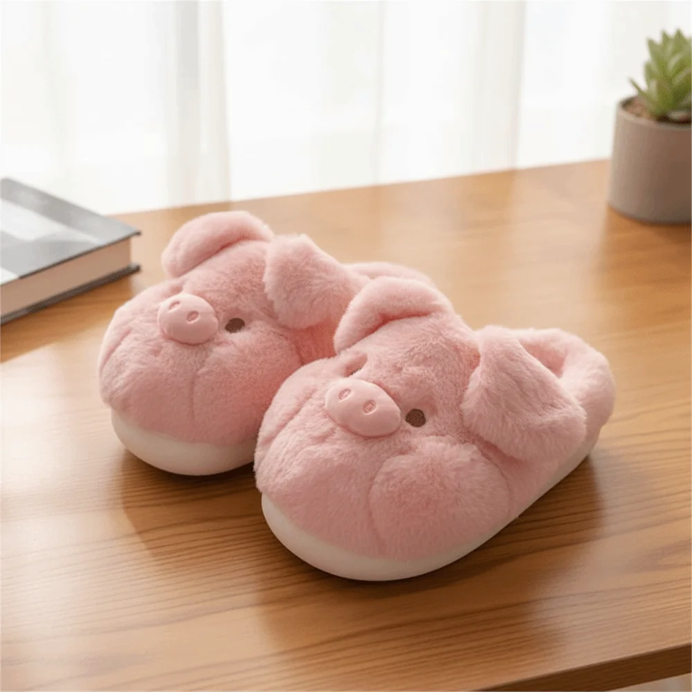 Soft Homewear Pig Plush Slippers Thicken Cartoon Winter Warm Slippers Anti-slip Thick Soled Furry Cotton Shoes Indoor